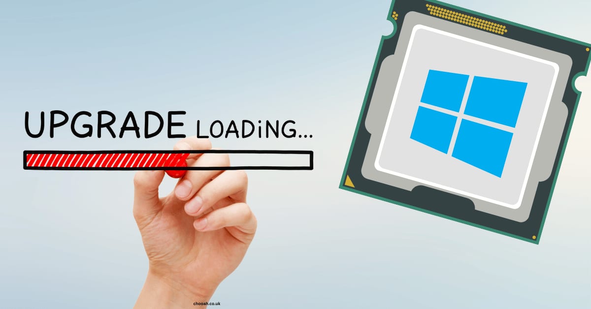 360fov An image showing a hand drawing a progress bar with the phrase "Upgrade Loading..." beside a microchip featuring the Windows logo, reminiscent of a Windows Update in progress. andrew chooah